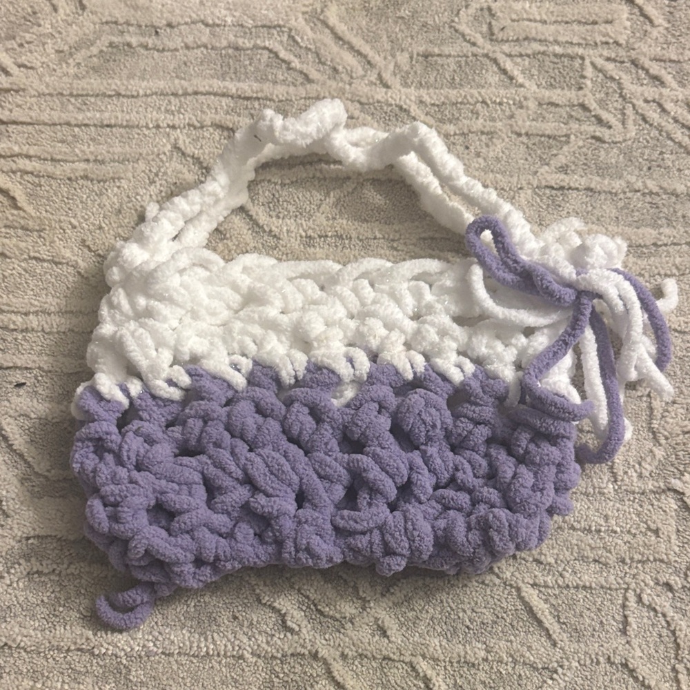 Handmade White and Purple Knitted Bag